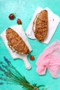 Cereal croissants with cream cheese and fresh strawberries. Useful breakfast Royalty Free Stock Photo