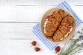 Cereal croissants with cream cheese and fresh strawberries. Useful breakfast. Royalty Free Stock Photo