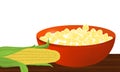 Cereal in a dish and corn on the wooden table. Vector