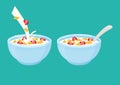 Cereal flake milk breakfast. Bowl rolled oats with strawberry. Vector