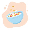 Cereal flake milk breakfast. Ceramic bowl rolled oats with strawberry. Healthy food for kids. Vector