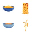 Cereal food icons set cartoon vector. Cereal bar and cereal porridge