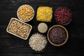 Cereal grain product on wood dark background top view