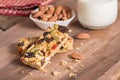 Cereal granola bars with nuts, dried fruit and milk.