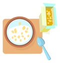 Cereal icon. Paper box and bowl with milk. Classic breakfast food