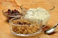 Cereal with joghurt in glass bowls for breakfast