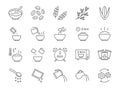 Cereal meal line icons. Vector outline illustration with icon - microwave oven, boiled kettle, grain food, warm healthy