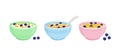 Cereal milk blueberry breakfast bowl vector icon, porridge and oatmeal, cornflakes and granola. Cartoon food plate set. Sweet kids
