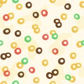 Cereal milk breakfast seamless pattern. Cartoon oatmeal. Cute background with different sweet cornflakes. Fruits and chocolate
