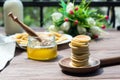 Cereal mini pancakes. American chic pancakes stacked on a wooden spoon. Tasty traditional american breakfast