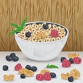 Cereal rings in bowl with raspberry, blueberry, walnut and mint leaves on wooden background.