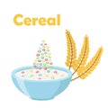 Cereal rings, with ears of wheat. Milk in oatmeal breakfast. Organic muesli.