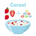 Cereal rings, strawberry with bowl. Organic oatmeal breakfast with milk