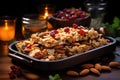 Cereal superfood energy bars with almond nuts, dry fruits, raisins chocolate. Generative AI