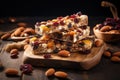 Cereal superfood energy bars with almond nuts, dry fruits, raisins chocolate. Generative AI