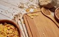 cereals in a bag corn flakes wooden board spoon food