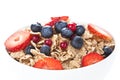 Cereals bowl with red fruits isolated on white