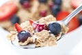 Cereals bowl with red fruits on white