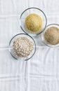 Cereals in bowls : Oats, Couscous,