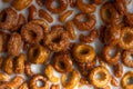 Cereals, chocolate muesli with milk texture close-up, macro Royalty Free Stock Photo