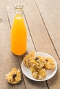 Cereals cracker snack and orange juice healthy on table wood b Royalty Free Stock Photo