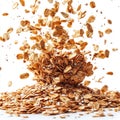 Cereals flakes isolate on a white background. Cereal explosion isolate. Breakfast cereals oats. Royalty Free Stock Photo