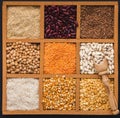 Cereals and legumes assortment in wooden box Royalty Free Stock Photo