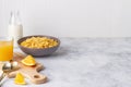 Cereals, milk and juice on the table, copy space Royalty Free Stock Photo