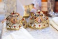 Ceremonial crowns as orthodox wedding accessories. Royalty Free Stock Photo