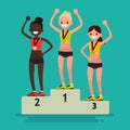 Ceremony of awarding medals. Three female athletes on the pedestal. Vector illustration