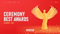 Ceremony event web banner with golden statuette of beautiful woman with wings, best awards landing page template on red