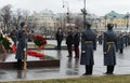 The ceremony of laying flowers and wreaths at the monument to Marshal Georgy Zhukov during the celebration of defender of the