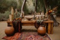 ceremony setup with classic, wooden vessels and rolled scrolls for a boho touch Royalty Free Stock Photo
