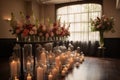 ceremony setup featuring glass vases filled with blooming bouquets and candles