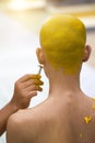 The ceremony of shaving the hair of asian Man. Close up of shaving hair for ordain as a monk, Buddhist Ordination, The tradition