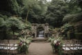 ceremony in a stunning outdoor setting, with greenery and a waterfall in the background