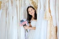 Ceremony in wedding day,Happy and smiling,Portrait of beautiful asian woman bride in white dress cheerful and funny Royalty Free Stock Photo