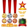Ceremony Winner Honor Prize. Trophy Awards Cups, Golden Laurel Wreath With Red Ribbon And Gold Shield, Medals Template Royalty Free Stock Photo