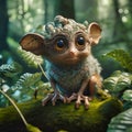 Cernunnos baby tarsier in a lush forest on a spring, generative AI Royalty Free Stock Photo