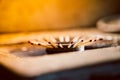 A certain number of household wooden matches sticking out of a gas stove burner. The absence of blue fuel in the kitchen gas stove Royalty Free Stock Photo