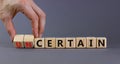 Certain or uncertain symbol. Businessman turns wooden cubes and changes the concept word uncertain to certain. Beautiful grey