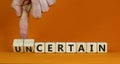 Certain or uncertain symbol. Businessman turns wooden cubes and changes the concept word uncertain to certain. Beautiful orange Royalty Free Stock Photo