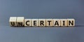 Certain or uncertain symbol. Turned wooden cubes and changed the concept word uncertain to certain. Beautiful grey table, grey Royalty Free Stock Photo