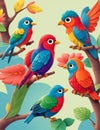 Different colored parrots on a tree branch