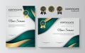 Certificate of achievement border design templates with elements of luxury gold badges, green shapes, and modern line patterns.