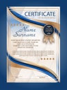 Certificate of achievement, diploma vertical template. Winning the competition. Award winner. Reward. Blue decorative elements