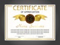 Certificate of appreciation, diploma template. Winning the competition. Award winner. Reward Gold decorative elements. Vector Royalty Free Stock Photo