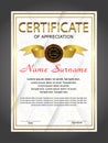 Certificate of appreciation, diploma vertical template. Winning the competition. Award winner. Reward. Gold decorative elements. V Royalty Free Stock Photo