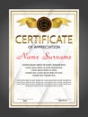 Certificate of appreciation, diploma vertical template. Winning the competition. Award winner. Reward. Gold decorative elements. V Royalty Free Stock Photo