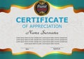 Certificate appreciation. Elegant turquoise template. Reward. Wi
